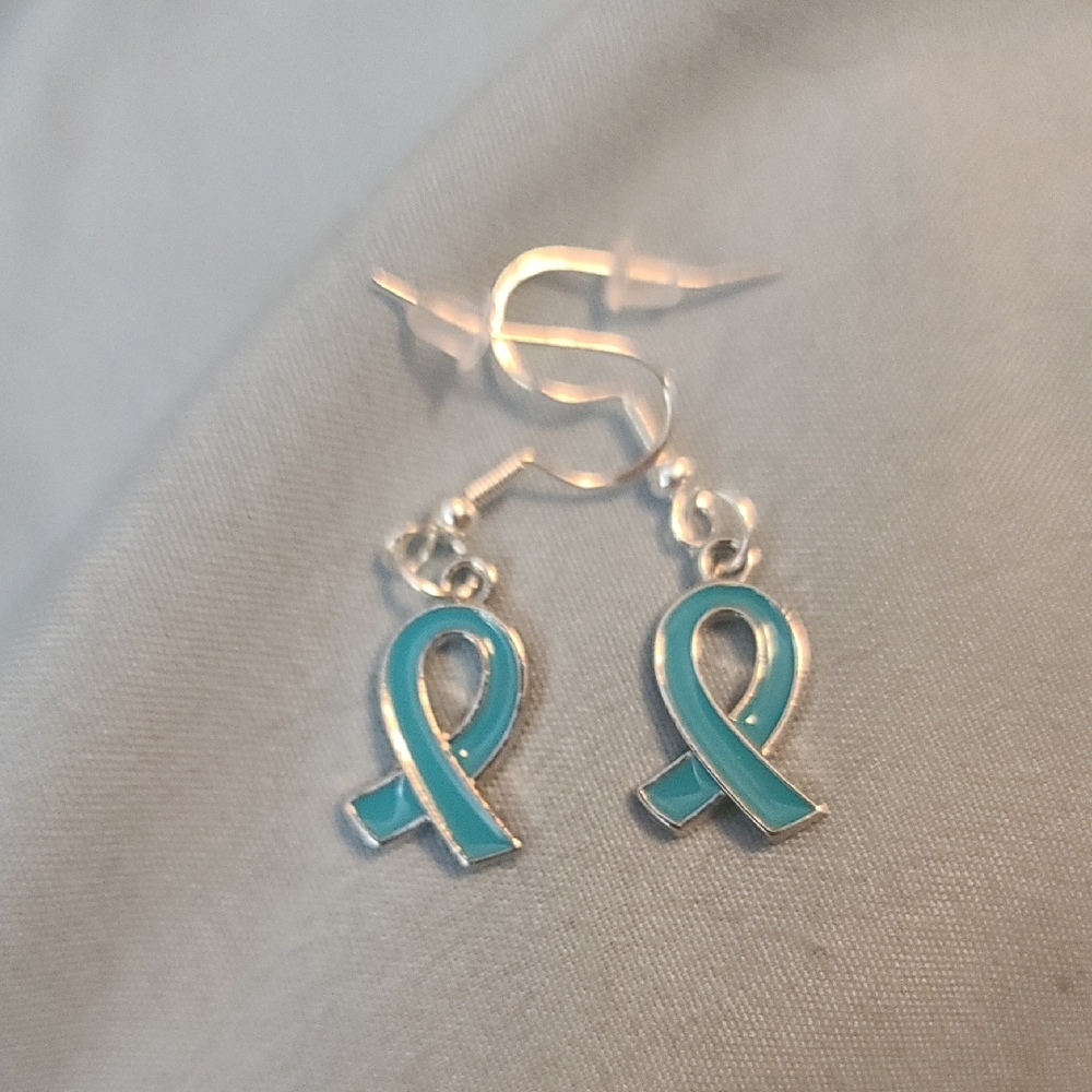 Teal and Silver Dangle Hook 925 Earrings NWT Cancer - Picture 5 of 5